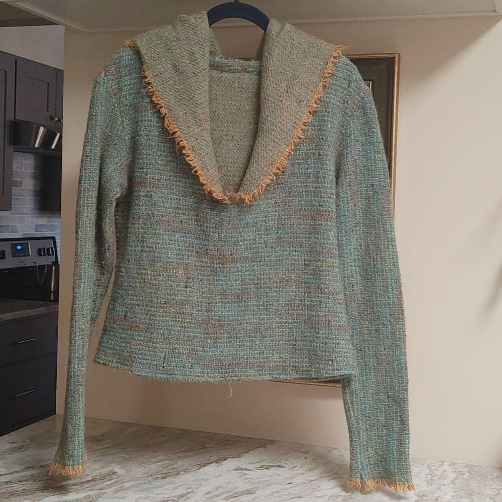 OOAK Handwoven Wool Hoodie Turquoise & Gold - Picture 14 of 17